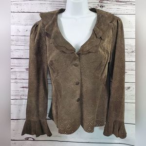 COLDWATER CREEK Leather Jacket Vintage Eyelet Suede Moss Green Size Medium